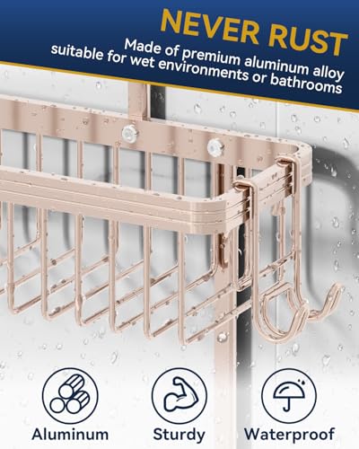 Never Rust Shower Caddy Hanging, Aluminum Shower Racks for Inside Shower, 2-Tier Shower Organizer Hanging Over Shower Head with Hooks and Soap Holder, Rose Gold - color: Rose Gold