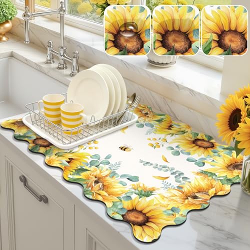 LOKHOM Scalloped Floral Dish Drying Mat, 18"x24" Coffee Mat Sunflowers | Yellow Watercolor, Super Absorbent, Cuttable, Hide Stain, Non-slip Drying Mat, For Kitchen Counter Coffee Espresso Machine - color: Sunflower, size: 18" x 24"