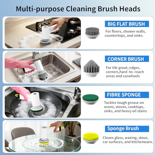 3000mAh Cordless Electric Spin Scrubber for Kitchen Bathroom Car | 20W High-Torque IPX7 Waterproof Cleaning Brush with 6 Replaceable Heads, Dual Speed 150-180 Mins Runtime - size: S2 M