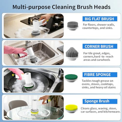 3000mAh Cordless Electric Spin Scrubber for Kitchen Bathroom Car | 20W High-Torque IPX7 Waterproof Cleaning Brush with 6 Replaceable Heads, Dual Speed 150-180 Mins Runtime - size: S2 M