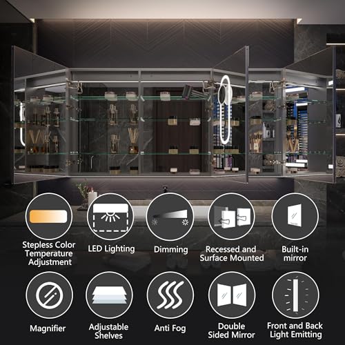 Luxury 72" Wall-Mounted LED Bathroom Medicine Cabinet, Outlets, Anti-Fog | Surface-Mount/Recessed, Double-Sided Mirror Cabinet, 3 Color Temp, DTC Silent-Close Hinges, Adjustable Tempered Glass Shelfs - size: 72"W x 36"H
