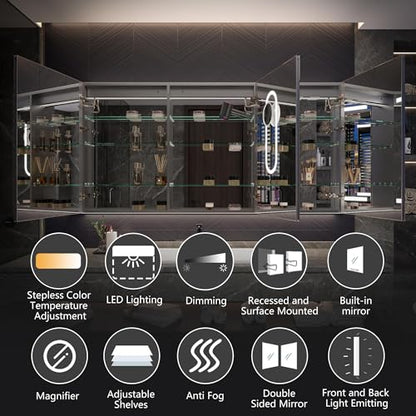 Luxury 72" Wall-Mounted LED Bathroom Medicine Cabinet, Outlets, Anti-Fog | Surface-Mount/Recessed, Double-Sided Mirror Cabinet, 3 Color Temp, DTC Silent-Close Hinges, Adjustable Tempered Glass Shelfs - size: 72"W x 36"H
