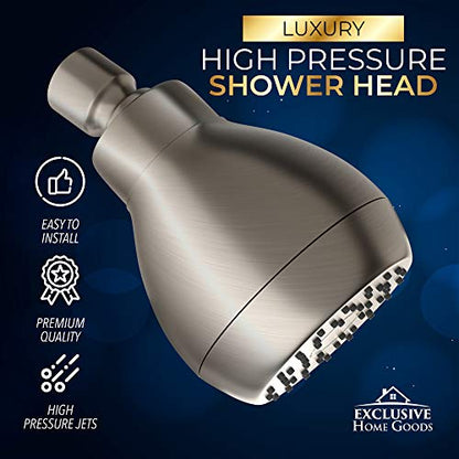 High Pressure Shower Head - Brushed Nickel - Powerful Deluxe Bathroom Showerhead with Strong Spray Stream and Small Silicone Nozzles - Universal Fit Works with High and Low Water Flow Showers-2.5 GPM - color: Brush Nickel, size: 2.5 GPM