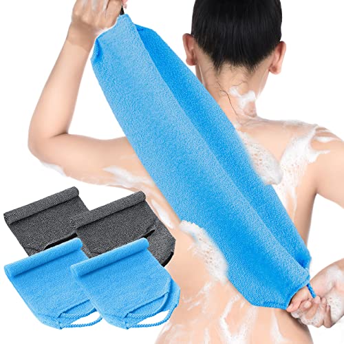 Moukeren Exfoliating Back Scrubber with Handles 4 Pack Nylon Back Exfoliator Extended Length Washers Scrubbers Stretchable Pull Strap Exfoliating Washcloth(Gray, Deep Blue) - color: Gray, Deep Blue