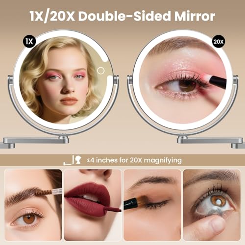 FRANO Wall Mounted Makeup Mirror with Lights, 8-inch 20X/1X Magnifying Mirror, Rechargeable LED Vanity Mirror with 3 Color Lights, 360° Swivel & Extendable Arm