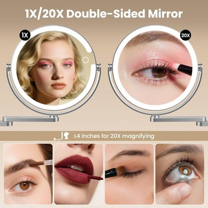 FRANO Wall Mounted Makeup Mirror with Lights, 8-inch 20X/1X Magnifying Mirror, Rechargeable LED Vanity Mirror with 3 Color Lights, 360° Swivel & Extendable Arm