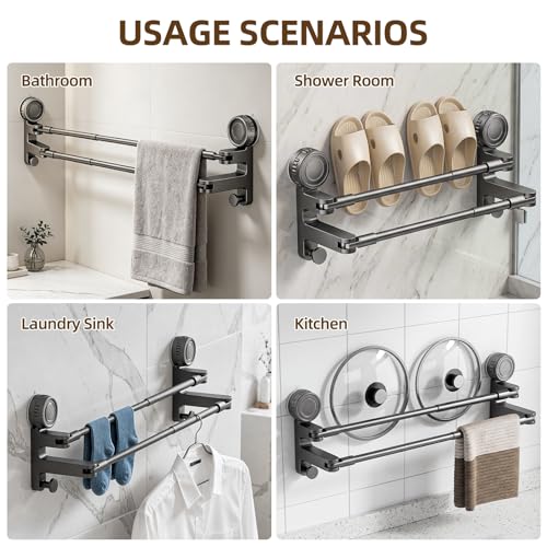 Adjustable Suction Cup Towel Bar, Grey, 20-34", 2-Tier | Extendable Carbon Steel Towel Racks, Space Saving, Bath Towel Holder with Hooks, No-Drill Mounted, For Bathroom Wall