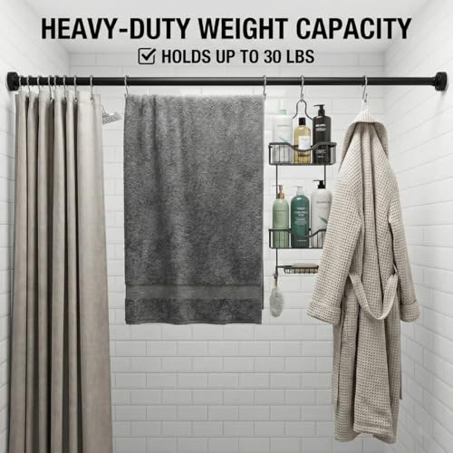 Matte Black Adjustable Shower Curtain Rod 1 Inch Diameter 29.5"-69.7" Inches - No Drill Tension Rod with Anti-Slip ABS Base, Stainless Steel Spring & Rust-Resistant Coating