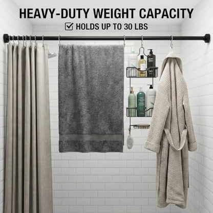 Matte Black Adjustable Shower Curtain Rod 1 Inch Diameter 29.5"-69.7" Inches - No Drill Tension Rod with Anti-Slip ABS Base, Stainless Steel Spring & Rust-Resistant Coating