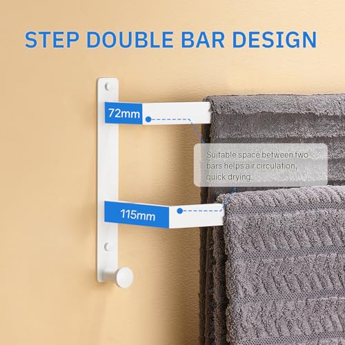 24 Inch Double Towel Bar for Bathroom with Hooks SUS 304 Stainless Steel Bath Towel Rack Wall Mounted White Finished - color: White, size: 24-Inch