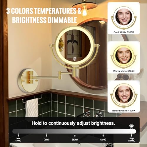 Brass Wall Mounted Mirror Swing Arm with Light and Magnification 10X | Upgrade Brightness & 3 Color LED, Touch Screen Dimmable, Rechargeable Home Personal Magnifying Makeup Bathroom, Brushed Gold - color: Brushed Gold