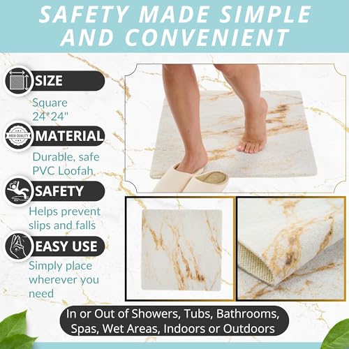 Enkosi Loofah Shower Mat Non Slip – Square Anti Slip Bath Mat for Inside Showers, Bathtub, Tub, Bathroom - Cushioned, Quick Dry PVC with Drain Holes - Secure Grip Safety Pad (Marble Gold 24x24) - color: Marble White Gold, size: 24" x 24" (Square)