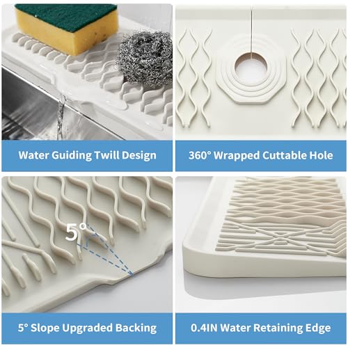 Silicone Faucet Splash Guard Cream White/Beige Kitchen Dish Drying Mats | Sponge Holder Bathroom Countertop Protect Kitchen Sink Splatter Screen Faucet Splash Guard - color: White