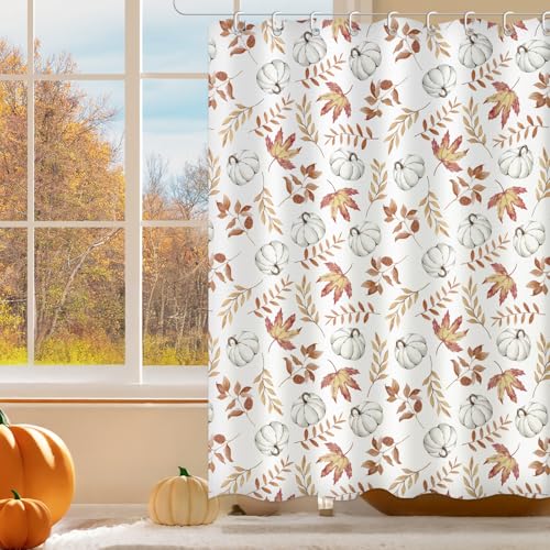 Moutina Maple Leaves Pumpkin Shower Curtain, Autumn Thanksgiving Home Decor Fall Bathtub Bathroom Curtain Set - 72x72 Inch Waterproof Polyester Fabric with Hooks - color: Fall-1