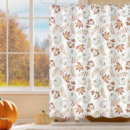Moutina Maple Leaves Pumpkin Shower Curtain, Autumn Thanksgiving Home Decor Fall Bathtub Bathroom Curtain Set - 72x72 Inch Waterproof Polyester Fabric with Hooks - color: Fall-1