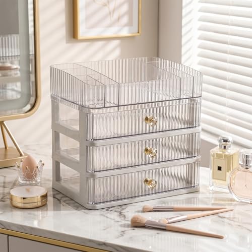 Makeup Organizer with 3 Drawers, Bathroom Counter Organizer. | Clear Cosmetic Display Case, Ideal for Make Up, Skincare, Perfume; Suitable for Dresser Top, Vanity and Desk