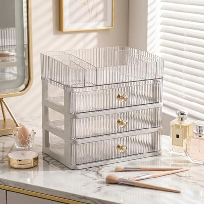 Makeup Organizer with 3 Drawers, Bathroom Counter Organizer. | Clear Cosmetic Display Case, Ideal for Make Up, Skincare, Perfume; Suitable for Dresser Top, Vanity and Desk