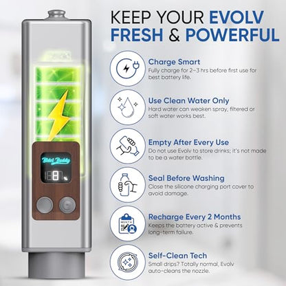 BIDET BUDDY® Evolv Portable Travel Bidet for Men & Women, 530mL - Silver | Self-Cleaning Retractable Nozzle, 1100mAh Rechargeable, USB-C Charging, IPX7 Waterproof with LED Display, 3 Water Flow Modes