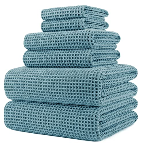 POLYTE 430 GSM Poly Blend Microfiber Quick Dry Waffle Bath Towel Set of 6 | 2-Body Towels, 2-Hand Towels, 2-Wash cloths, Oversize, Lint Free - color: Green