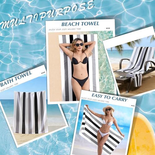 Beach Towel Set-4 Pack 30"x60" Sand Free Stripe Beach Towel for Pool,Bathroom,Soft Absorbent Quick Dry Lightweight Beach Bath Towel,Camping Blanket,Travel Towel,Beach Essentials for Adults,Grey/Black - color: Grey/Black