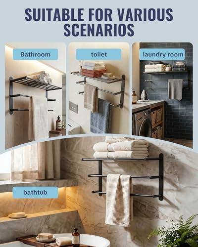 24 Inch Towel Racks for Bathroom: Matte Black Bathroom Towel Rack with Double Towel Bar Wall Mounted - SUS304 Stainless Steel Bath Towel Bar with Shelf for Hotel Lavatory - color: Matte Black