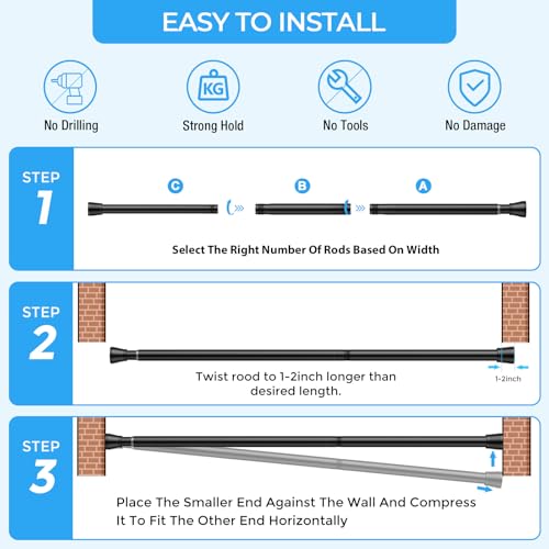 2PCS Tension Curtain Rod 16-26 Inch Adjustable No Drilling, Black | Rust-Resistant, No Slip, Small Spring Loaded Curtain Rods for Window, Kitchen, Closet, Cupboard, Bookshelf & DIY Projects - color: Black, size: 16" to 26"-2Pcs