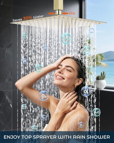 Rain Shower Faucet Set, 10" Top + 6" Side Head, Brushed Gold | 3-head set w/ valve, SUS304 anti-freeze, 6 spray modes, self-clean nozzles - color: Brush Gold, style: 10''-Ceiling Mount+6" Shower Head
