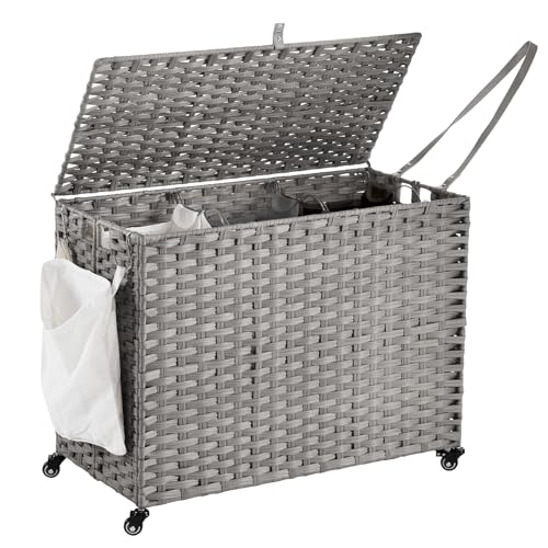 Laundry Hamper with Wheels, 60.72 Gallon(230L) Rolling Laundry Basket with Lid, Removable Large 3 Color Liners & 3 Mesh Laundry Bags, Clothes Hamper with Side Pocket, Grey - color: Grey, size: 35.43"L x 15.75"W x 25.6"H