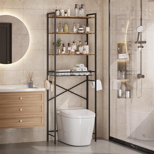 Gizoon Over-The-Toilet Storage Rack with Adjustable Shelf and Basket, 4-Tier Freestanding Space Saver Bathroom Shelves Above Toilet for Room - color: Black