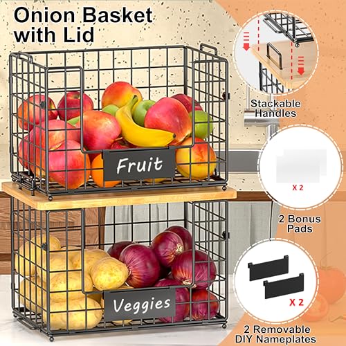 2-Pack Stackable Wire Baskets with 2 Pads & Bamboo Top, Pantry Organizer | Potato and Onion Storage Bin with Labels, Organize Produce/Fruit/Vegetable on Kitchen Counter, Cabinet or Under Sink, XL - size: XL-17.28x13.15x8.43