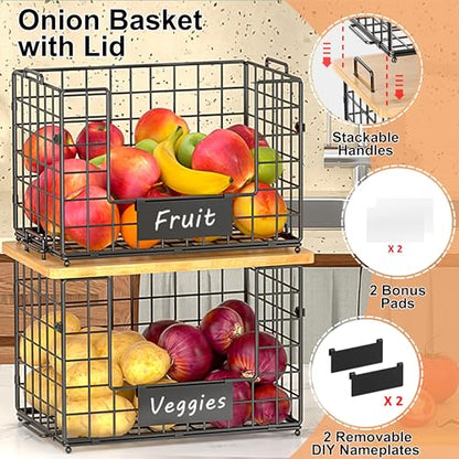 2-Pack Stackable Wire Baskets with 2 Pads & Bamboo Top, Pantry Organizer | Potato and Onion Storage Bin with Labels, Organize Produce/Fruit/Vegetable on Kitchen Counter, Cabinet or Under Sink, XL - size: XL-17.28x13.15x8.43