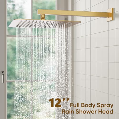 ESNBIA Gold Shower System, 12 Inches Shower faucet Set with Pressure Balance Shower Valve, High Pressure Gold Shower Head and Handle Set, Wall Mounted Shower Fixtures, Brushed Gold - color: Brushed Gold, style: 12 Inches