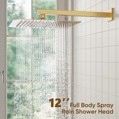 ESNBIA Gold Shower System, 12 Inches Shower faucet Set with Pressure Balance Shower Valve, High Pressure Gold Shower Head and Handle Set, Wall Mounted Shower Fixtures, Brushed Gold - color: Brushed Gold, style: 12 Inches