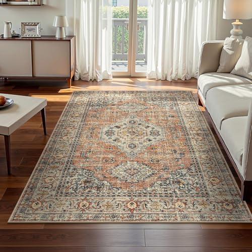 Lahome Oriental Washable Rugs 5x7, Soft 5x7 Rug for Bedroom Living Room, Ultra-Thin Non Slip Stain Resistant Vintage Throw Carpet for ‎Dining Room Office Eleanor, Peach/Orange - color: Terracotta, size: 5' x 7' (Rectangular)