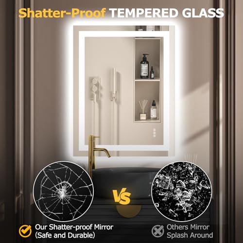Hivone 28"X36" LED Bathroom Mirror with Lights, Anti-Fog, Dimmable, Backlit + Front Lit, Smart Bathroom Vanity Mirror, Memory Function, Shatterproof, Tempered Glass (Horizontal/Vertical) - size: 28"L x 36"W
