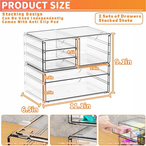 2 Pack Acrylic Drawer Organizer With 6 Drawers,Stackable 11.1” Large Clear Storage Drawers and Makeup Organizer For Vanity,Bathroom Countertop,Cabinet,Pantry,Office Supply Storage Bins Drawers - size: large 6 Drawers