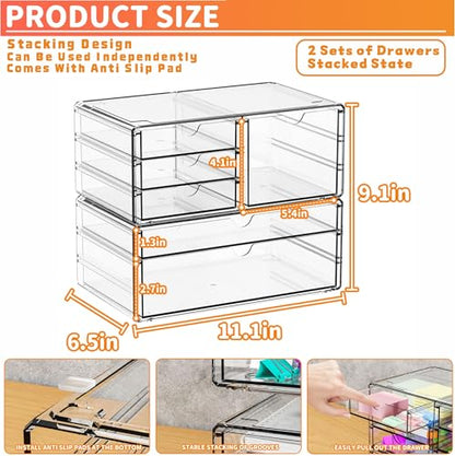 2 Pack Acrylic Drawer Organizer With 6 Drawers,Stackable 11.1” Large Clear Storage Drawers and Makeup Organizer For Vanity,Bathroom Countertop,Cabinet,Pantry,Office Supply Storage Bins Drawers - size: large 6 Drawers