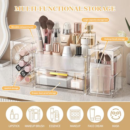 INVSSENE Stackable Makeup Organizer Countertop, Storage Perfume Skincare Cosmetic Lipstick Face Mask Makeup Brush Palettes, Ideal for Vanity Bathroom Counter - color: 3516 Clear