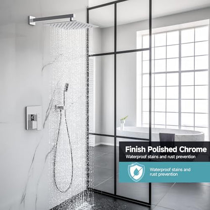 SR SUN RISE Shower Faucet Set & System - 12 Inch Rainfall Shower Head & Handle Set Wall Mounted Polished Chrome Solid Brass Valve Trim Kit Included - color: Polished Chrome, size: 12 Inch