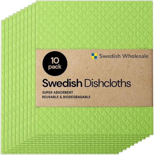 Swedish Wholesale Dishcloths Reusable 8" x 7" Sponge Cloths, Bulk 10 Pack of High Absorbent Cellulose Dish & Kitchen Cleaning Hand Towels, Wring to Dry & Machine Wash, Odor Resistant, Lime - color: Lime Green
