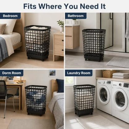 95L Large Plastic Laundry Hamper, Black, Slim Rectangular, Ventilated, Reinforced Handles,Tall Clothes Basket for Bathroom, Dorm, and Closet - size: 95L