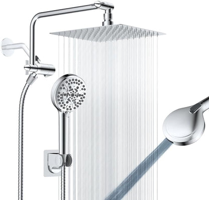 8" Metal Rainfall Shower Head with 10-Mode Handheld, Chrome | NSF/ANSI/CAN 372 Certified, High Pressure Showerhead Combo with 11" Adjustable Shower Arm, 71" Hose, Shower Head Holder - color: Chrome, style: Square 8"