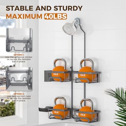 REINHARDT Split Shower Caddy Hanging for Handheld Showerheads, Grey | Adjustable Shower Organizer, Rustproof, 16 Hooks, Soap Holder, 40lbs Capacity, Anti-Slip, Tool-Free, Bathroom Accessories - color: Grey