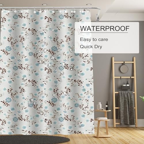 TIKABC Shower Curtain Liner, White Flower 4G PEVA Shower Liner, Plastic Waterproof Shower Curtains, 72x72 inch with Grommet Holes 3 Magnetic Weights - color: Black Leaf Blue Flower