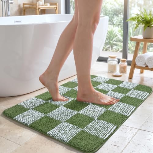 LOCHAS Bathroom Rugs 36×24, Checkered Bath Mat Non Slip, Green | Rubber Backing Absorbent Machine Washable, Microfiber Carpet for Kitchen Bedroom Entryway - color: Green, size: 36" x 24"
