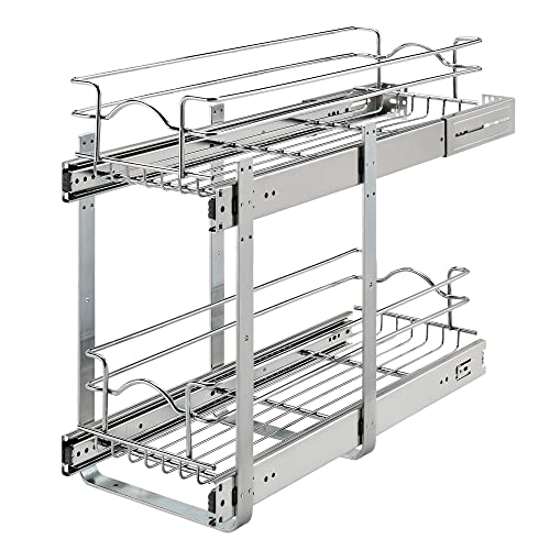 Rev-A-Shelf 2-Tier Pullout Shelf and Drawer Organizer for Kitchen Cabinets, Slide Out Storage Basket, Min Opening Width of 8.5", 9" x 22", 5WB2-0922CR-1 - size: 9" W x 22"D, style: Two Tier