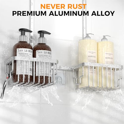 Adjustable Aluminum Shower Caddy Hanging for Handheld Showerhead, Silver | Rustproof Aluminum, Shower Organizer, Anti-Slip, Quick-Drain Shelf, 40lbs Capacity, Suction Cups, 8 Hooks, Razor Soap Holders - color: Silver