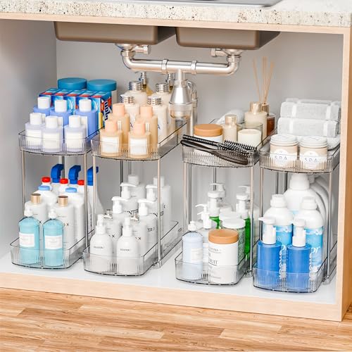 4 Pack Large Pull Out Bathroom Organizers and Storage,2 Tier 12.8″ Tall Sliding Kitchen Under Sink Organizer for Cleaning Products Storage,Acrylic Clear Bathroom inder Sink Organizer,Undersink Storage - style: 4 Pack-2 Tier