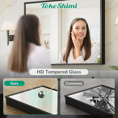14 x 18 Recessed Medicine Cabinet, Assembly Required, Black Bathroom Medicine Cabinet with Mirror, Stepless Adjustable Shelves, Tempered Glass, Beveled Aluminum Frame - color: Black, size: 14x18 in