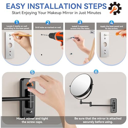 Auxmir 8" Double-Sided Wall-Mounted Makeup Mirror, 1X/30X Magnifying Mirror | stainless steel, 13-inch extendable swivel arm, 360°shaving rotation, bathroom makeup mirror, tweezers, Black - color: Black-1x/30x